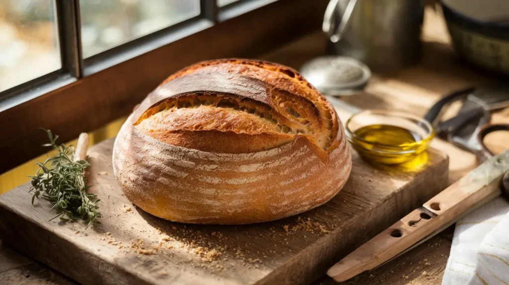 Artisan Italian bread loaf on a rustic wooden cutting board with olive oil and herbs.