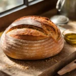 Artisan Italian bread loaf on a rustic wooden cutting board with olive oil and herbs.