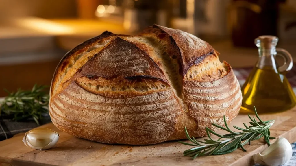 Rustic artisan Italian bread on a cutting board with rosemary and olive oil.