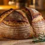 Rustic artisan Italian bread on a cutting board with rosemary and olive oil.