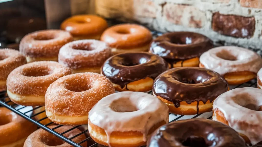 A variety of donuts on a bakery rack.