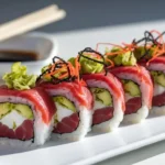 Red Dragon Roll sushi with spicy tuna and garnishes.