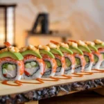 Dragon roll sushi platter with avocado and unagi sauce.