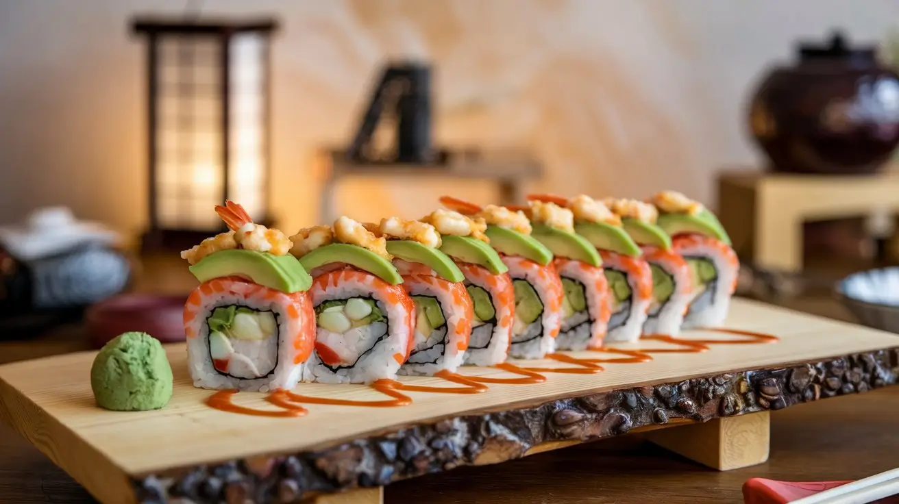 Dragon roll sushi platter with avocado and unagi sauce.