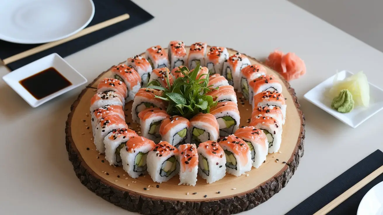 Boston Roll sushi beautifully arranged on a wooden platter.