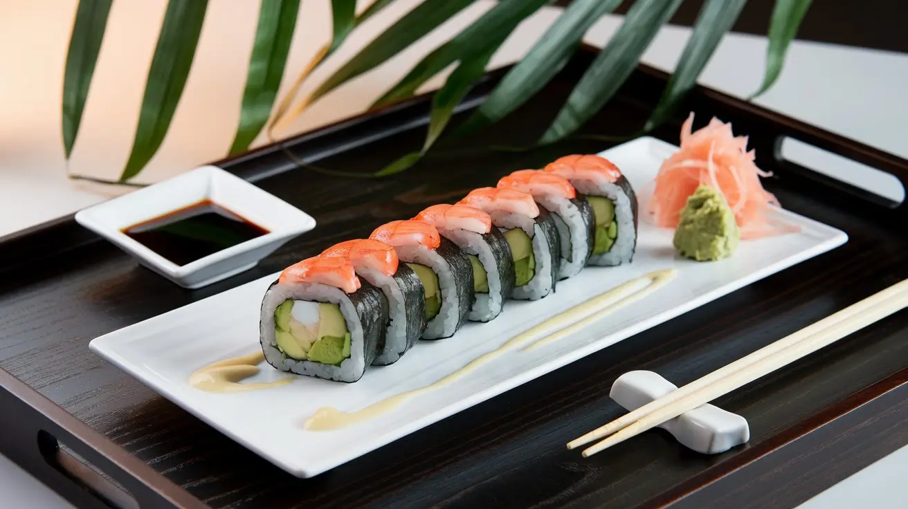 Boston Roll sushi on a wooden tray with soy sauce.