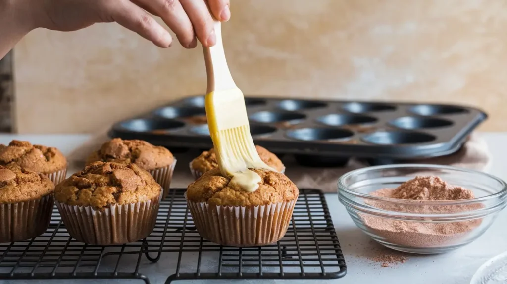 Brushing melted vegan butter on vegetarian cinnamon sugar donut muffins