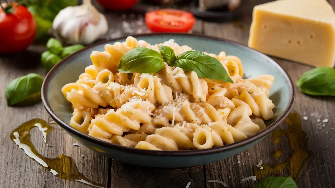 Freshly cooked cavatappi pasta with Alfredo sauce, topped with basil and Parmesan cheese, served on a rustic wooden table.