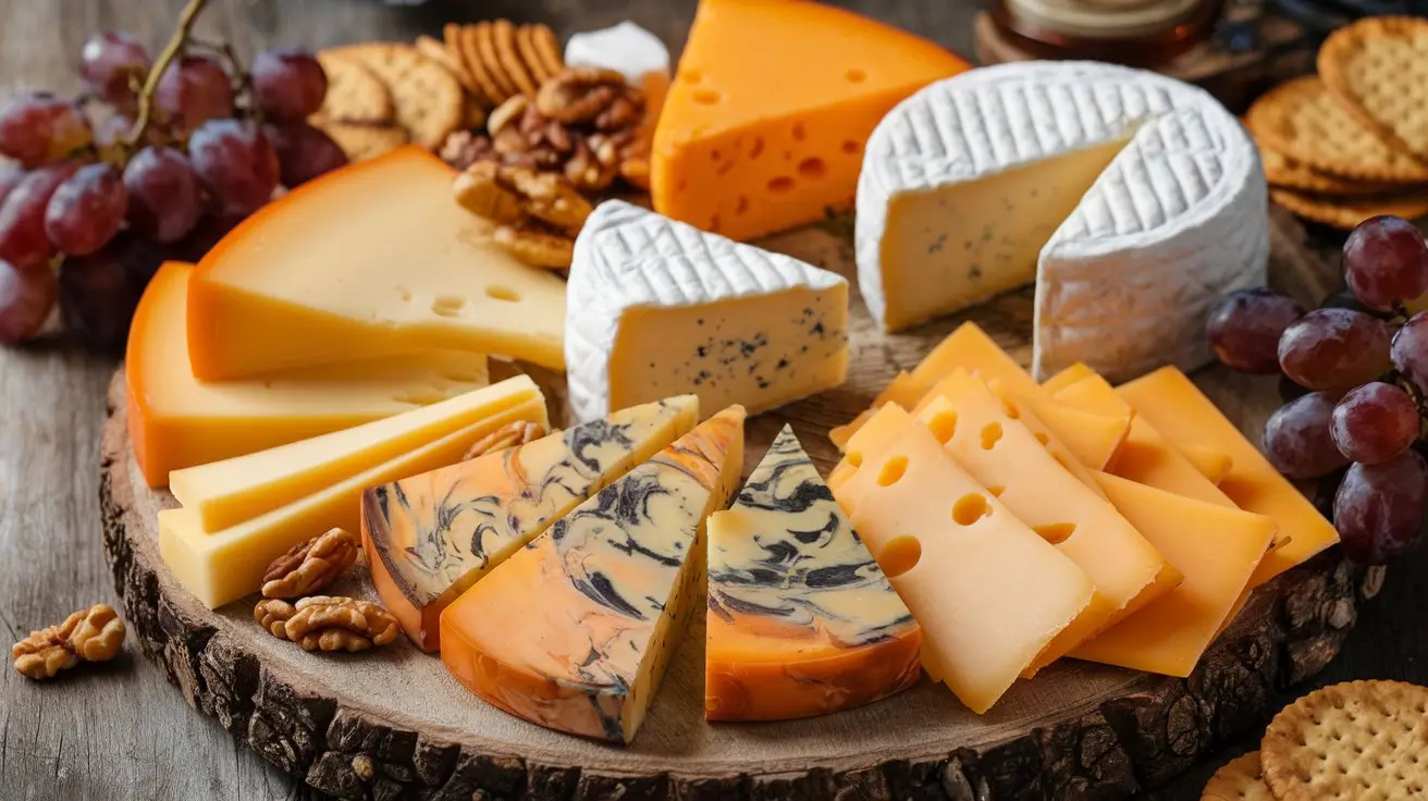 A cheese board with Colby Jack, cheddar, and Monterey Jack slices.