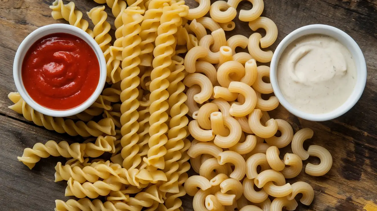 Side-by-side comparison of cavatappi and elbow macaroni with sauces on a wooden surface.