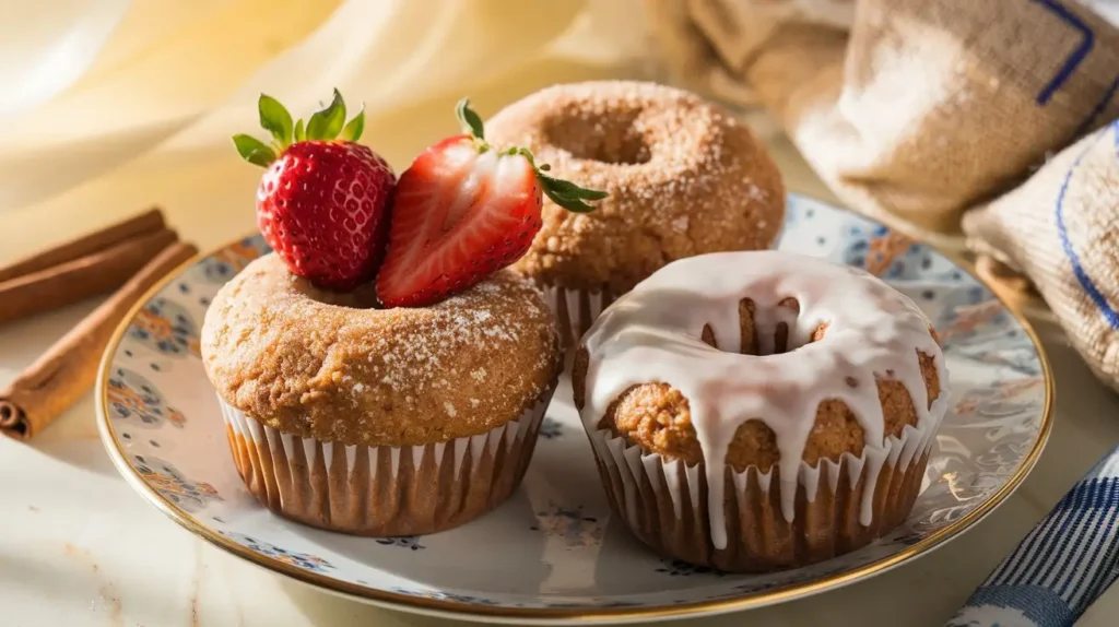 Variations of vegetarian cinnamon sugar donut muffins with creative toppings