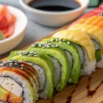 Dragon Roll and Rainbow Roll side by side on a wooden board.