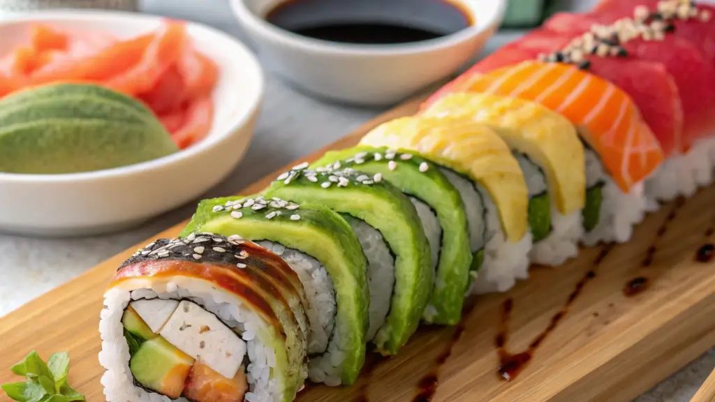 Dragon Roll and Rainbow Roll side by side on a wooden board.