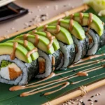 Dragon Roll on a bamboo plate with avocado and eel sauce