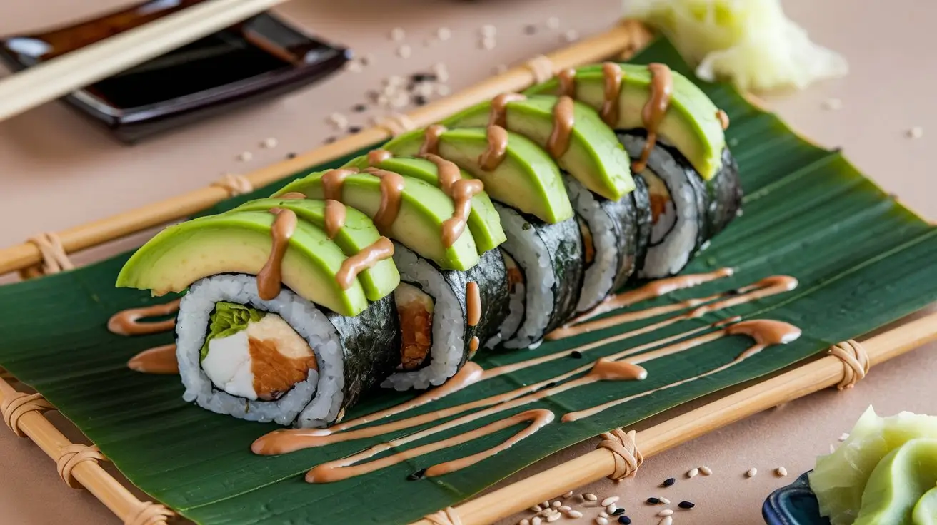 Dragon Roll on a bamboo plate with avocado and eel sauce