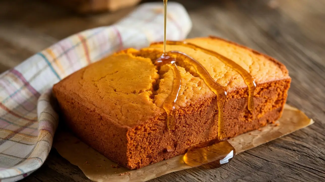 Sweet potato cornbread loaf with a drizzle of honey on a wooden table