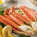 A plate of snow crab legs with butter and lemon wedges.