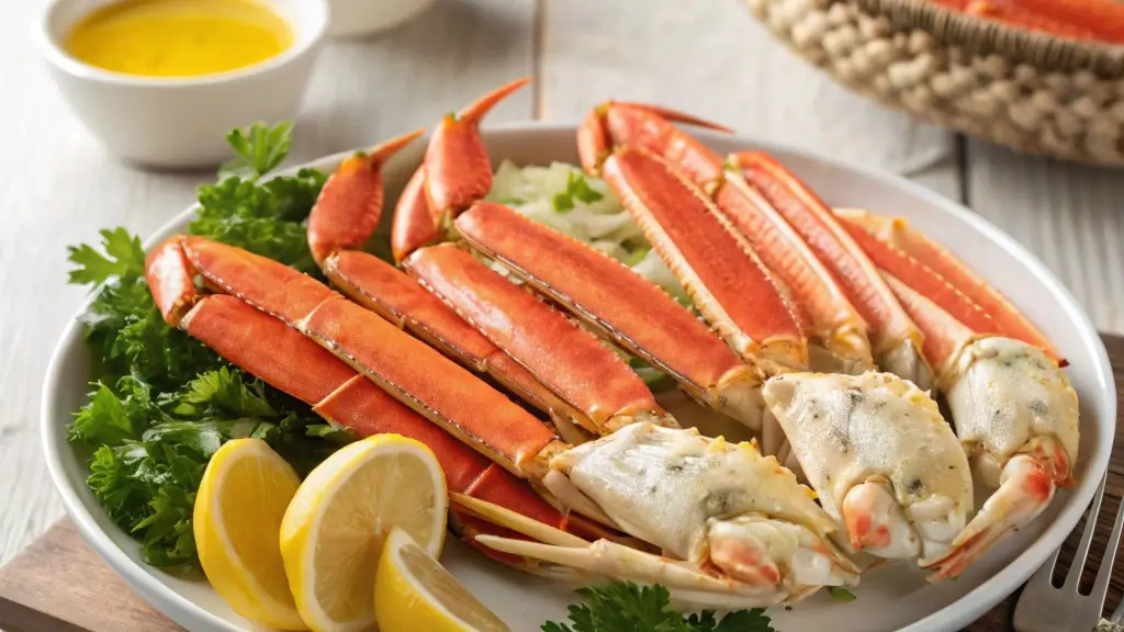 A plate of snow crab legs with butter and lemon wedges.