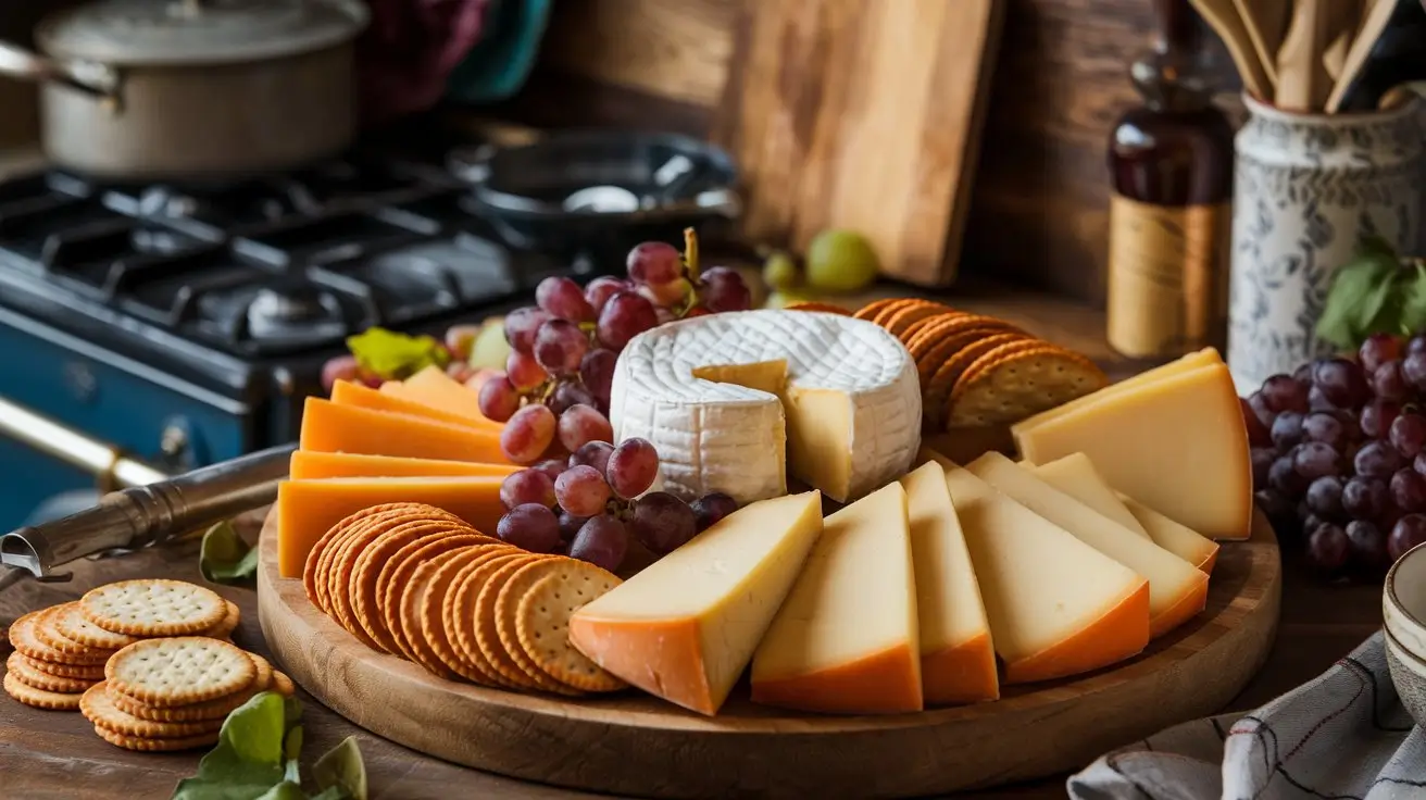 A cheese platter featuring Colby Jack and other cheeses.