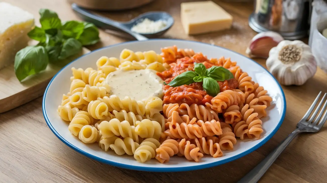 A side-by-side comparison of cavatappi pasta and corkscrew pasta served with creamy cheese and tomato-basil sauces.