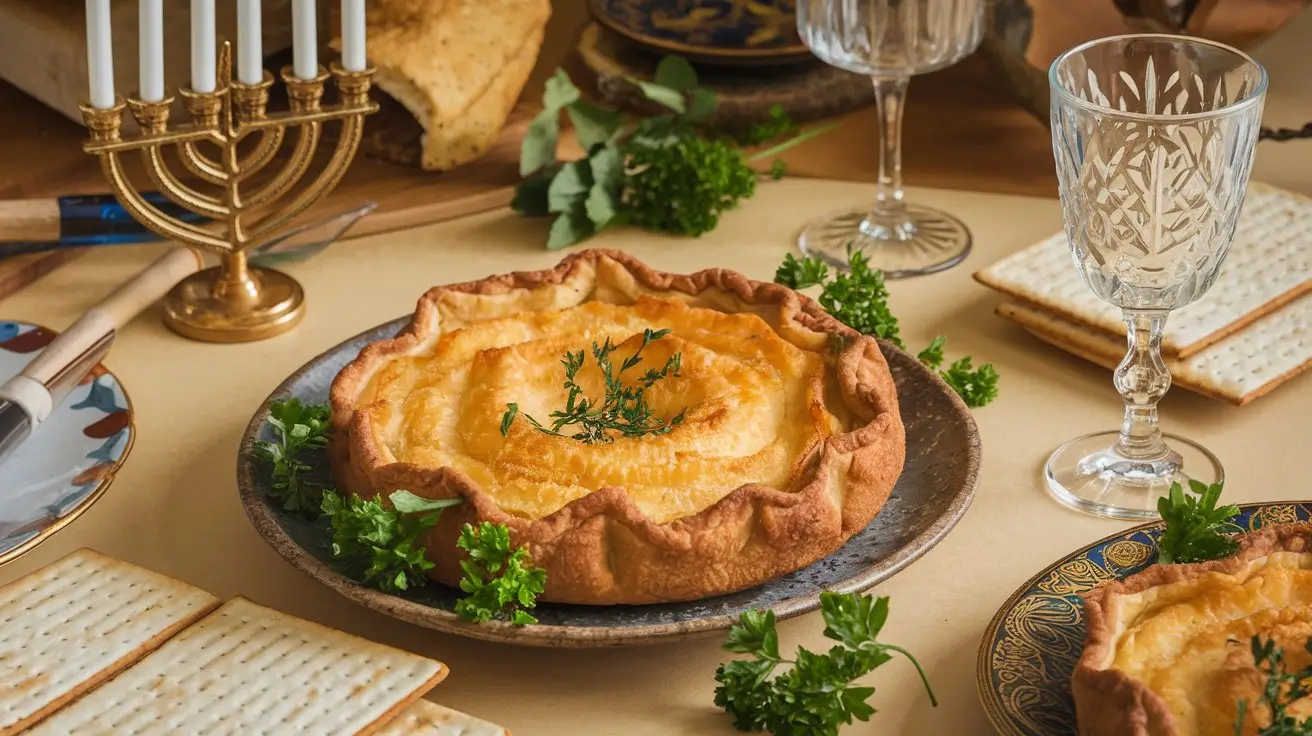 Golden, crispy Passover Potato Pie on a holiday table with Seder items.