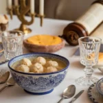 Passover Seder table with matzo ball soup and potato starch.