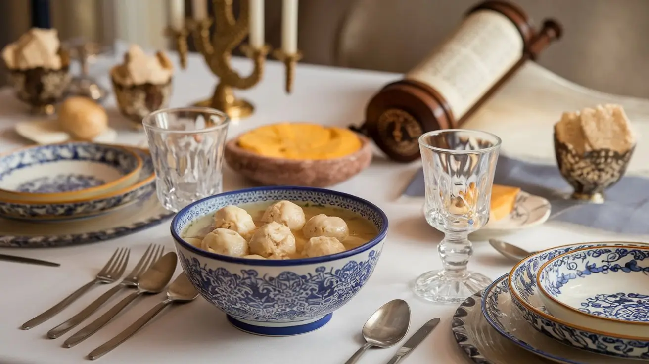 Passover Seder table with matzo ball soup and potato starch.