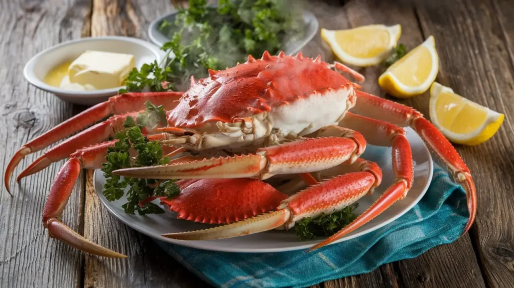 Steaming plate of snow crab legs with butter and lemon wedges