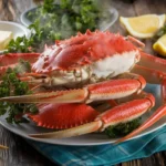 Steaming plate of snow crab legs with butter and lemon wedges