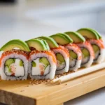 A plated Boston roll sushi with garnishes on a wooden board.
