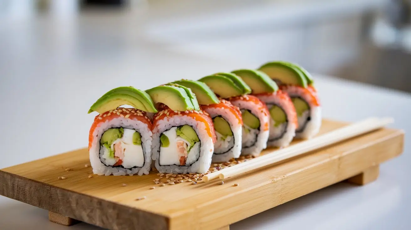 A plated Boston roll sushi with garnishes on a wooden board.