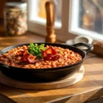 Rustic baked beans in a skillet with bacon and parsley on a wooden table.