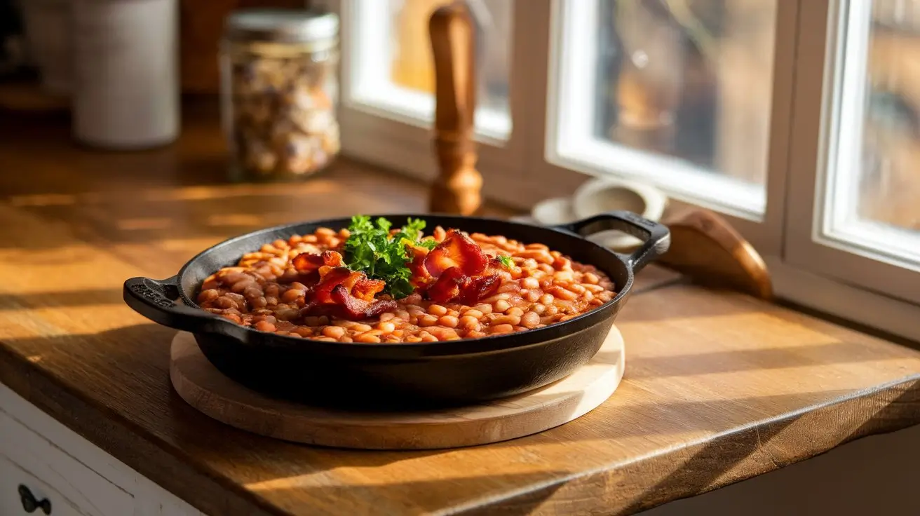 Rustic baked beans in a skillet with bacon and parsley on a wooden table.