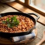 Baked beans in a cast-iron skillet garnished with bacon and parsley