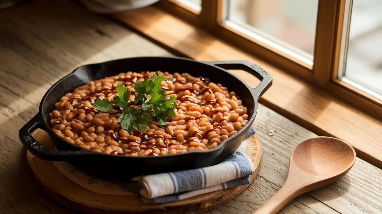 Baked beans in a cast-iron skillet garnished with bacon and parsley