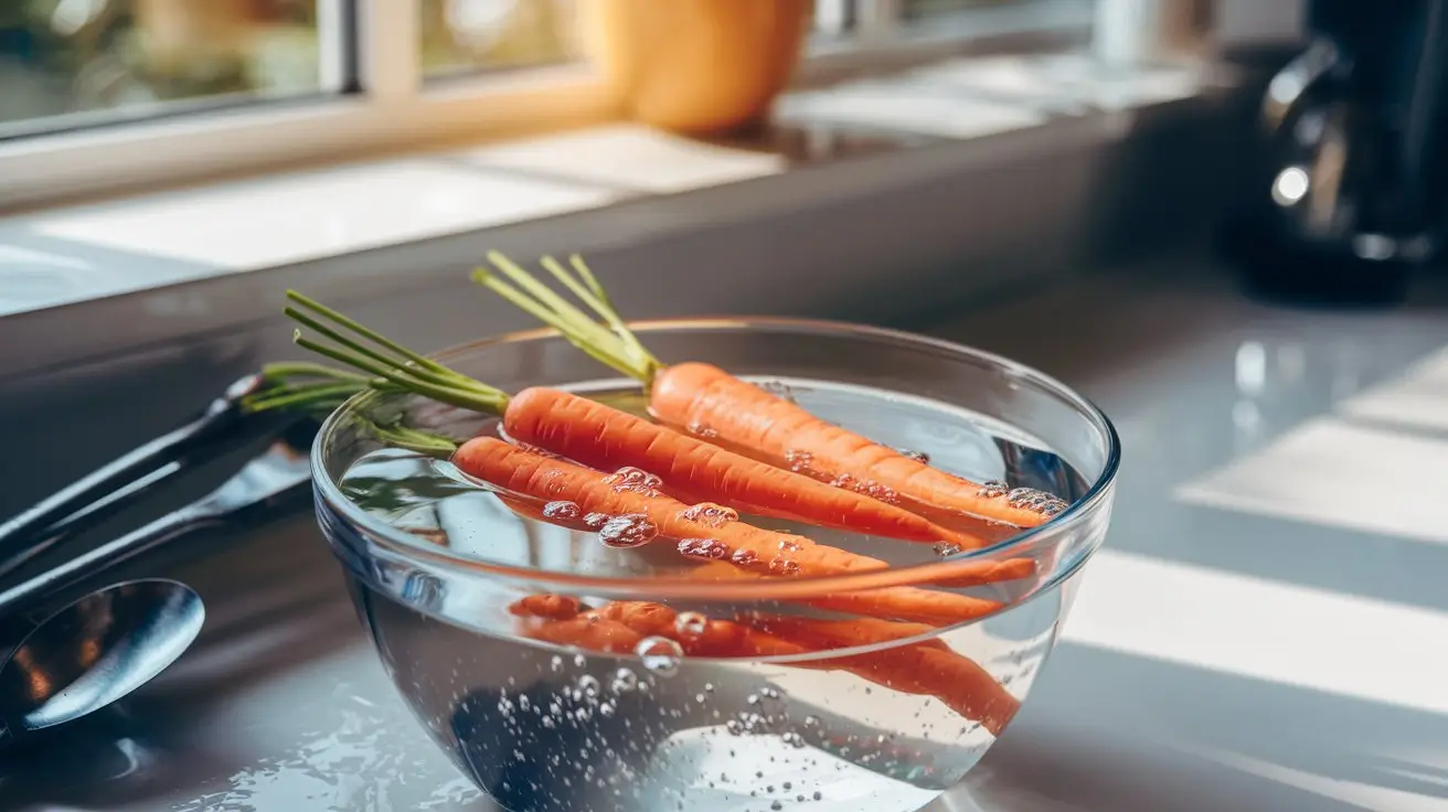 Fresh carrots soaking in a bowl of water on a kitchen countertop for juicing preparation