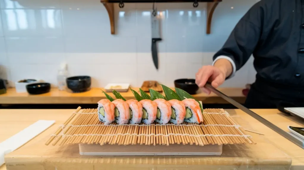 Making a Boston Roll using a bamboo mat and fresh ingredients.