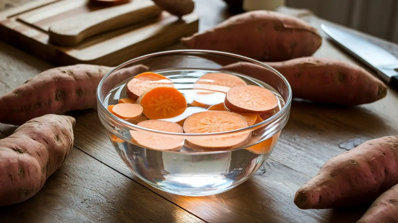 Sweet potato slices soaking in water on a kitchen counter.