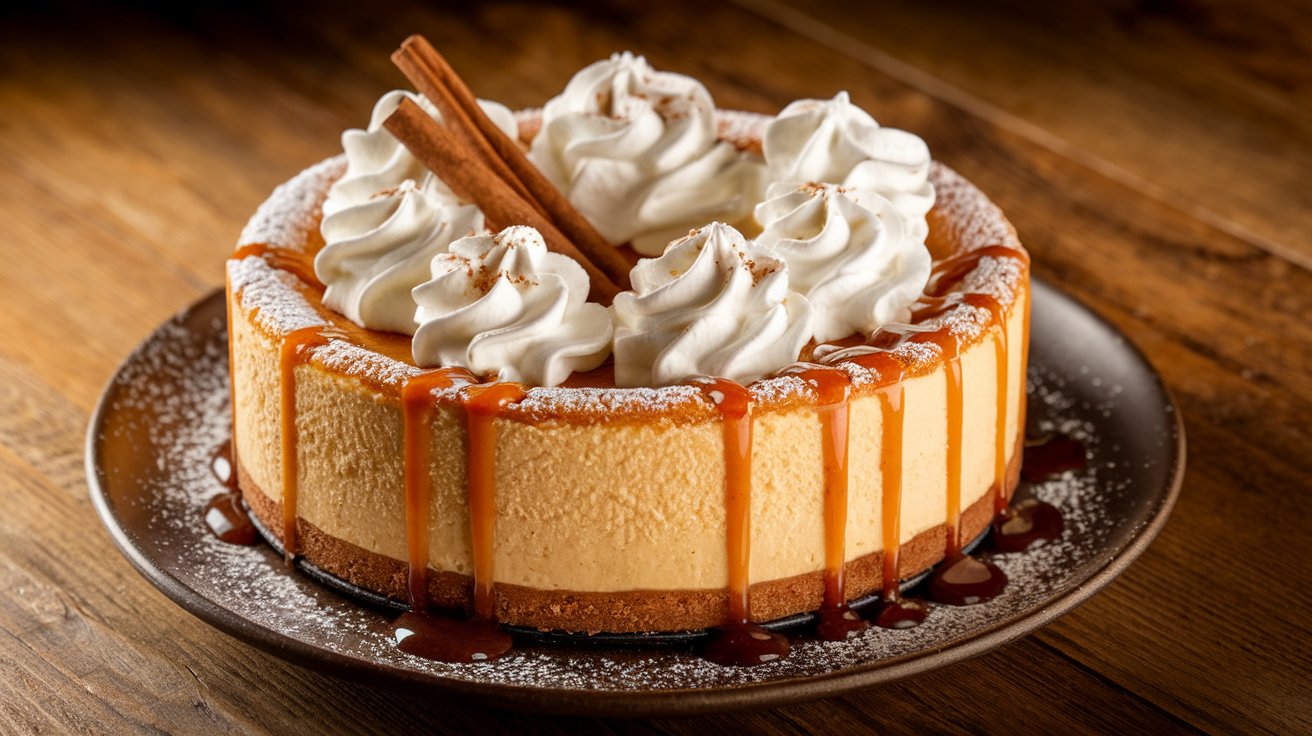 Golden churro cheesecake with a cinnamon-sugar crust and creamy filling, topped with caramel drizzle and whipped cream.