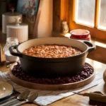 Traditional Boston baked beans served in a cast iron Dutch oven