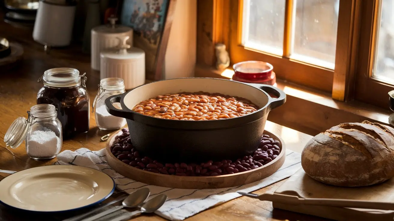 Traditional Boston baked beans served in a cast iron Dutch oven