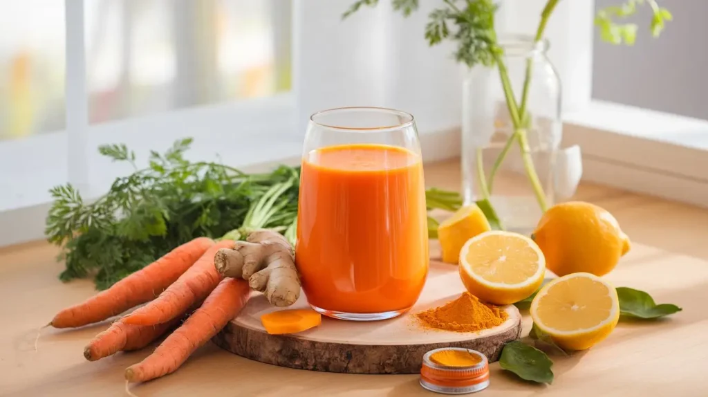 A glass of freshly made carrot juice with fresh carrots, ginger, lemon slices, and turmeric powder on a wooden countertop.