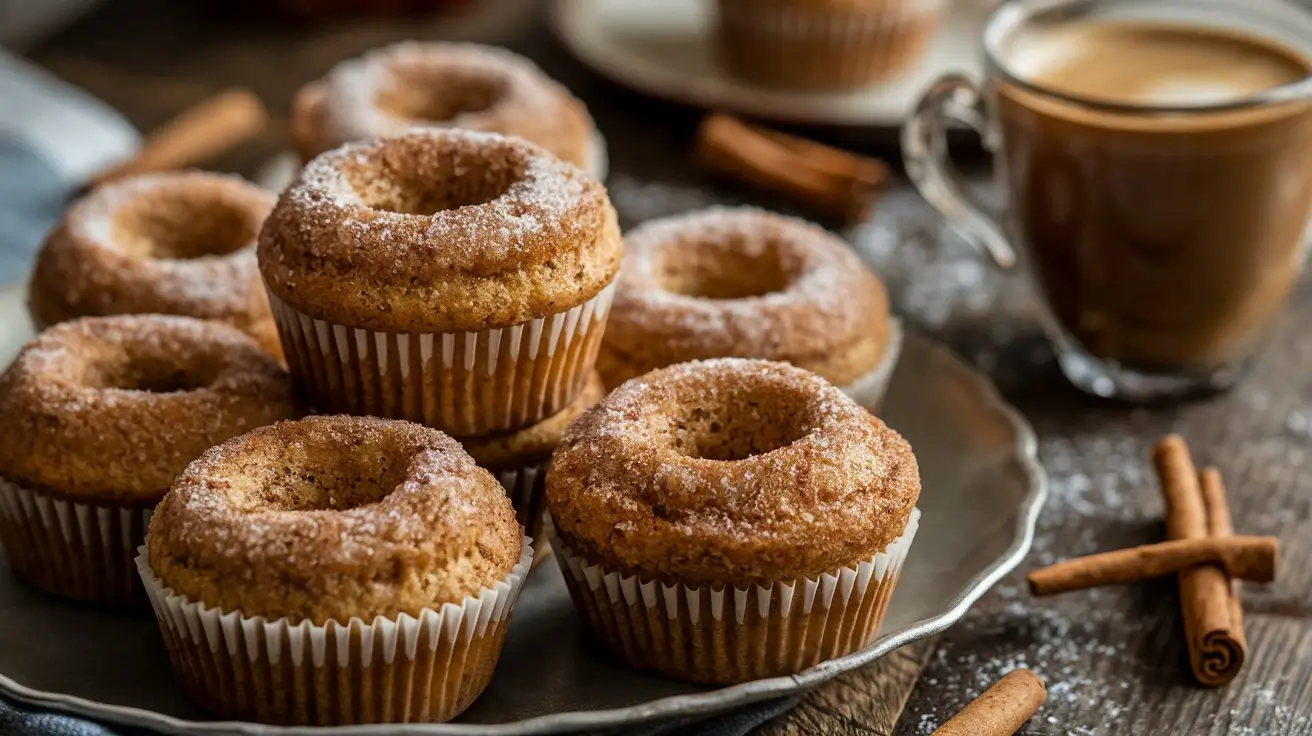 Freshly baked vegetarian cinnamon sugar donut muffins on a rustic table