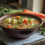 Rustic bowl of steaming village soup surrounded by fresh vegetables.