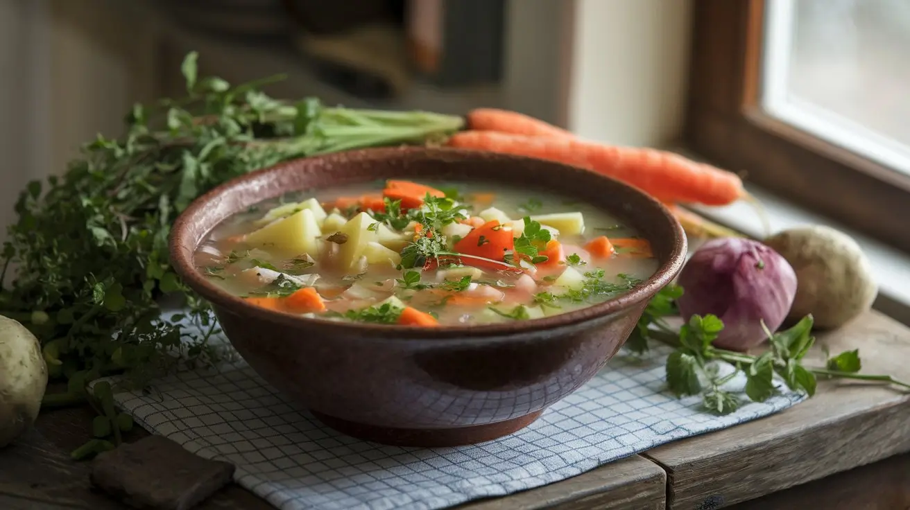 Rustic bowl of steaming village soup surrounded by fresh vegetables.