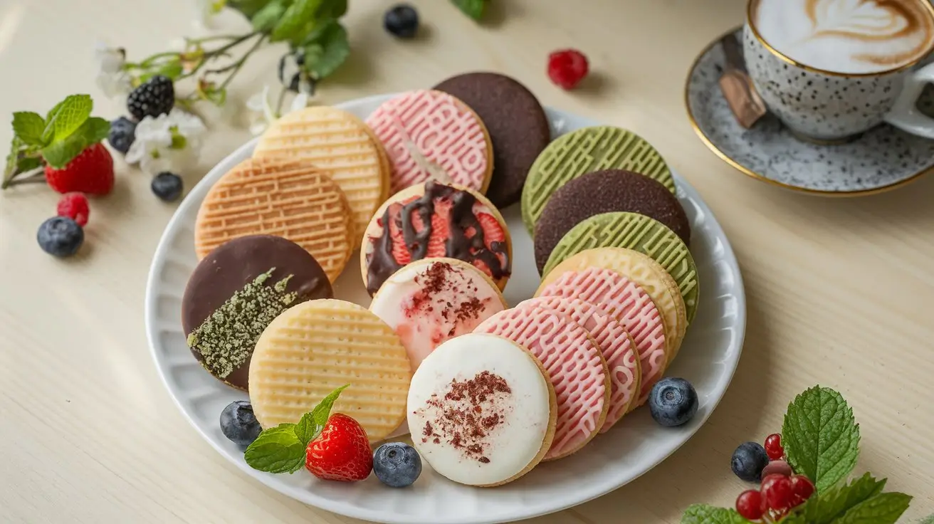 A plate of assorted wafer cookies in various flavors including vanilla, chocolate, and strawberry, with a coffee cup in the background.