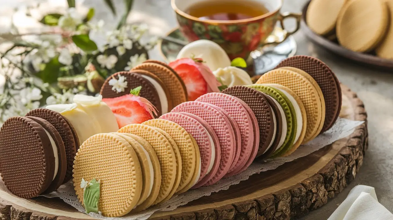 A variety of wafer cookies, including vanilla, chocolate, and strawberry flavors, on a wooden tray with a cup of tea in the background.