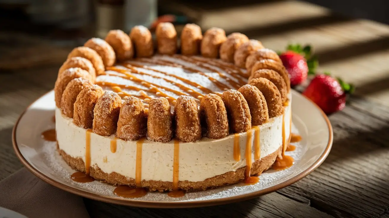 Churro cheesecake with a cinnamon sugar crust and creamy filling, garnished with caramel drizzle and fresh strawberries.