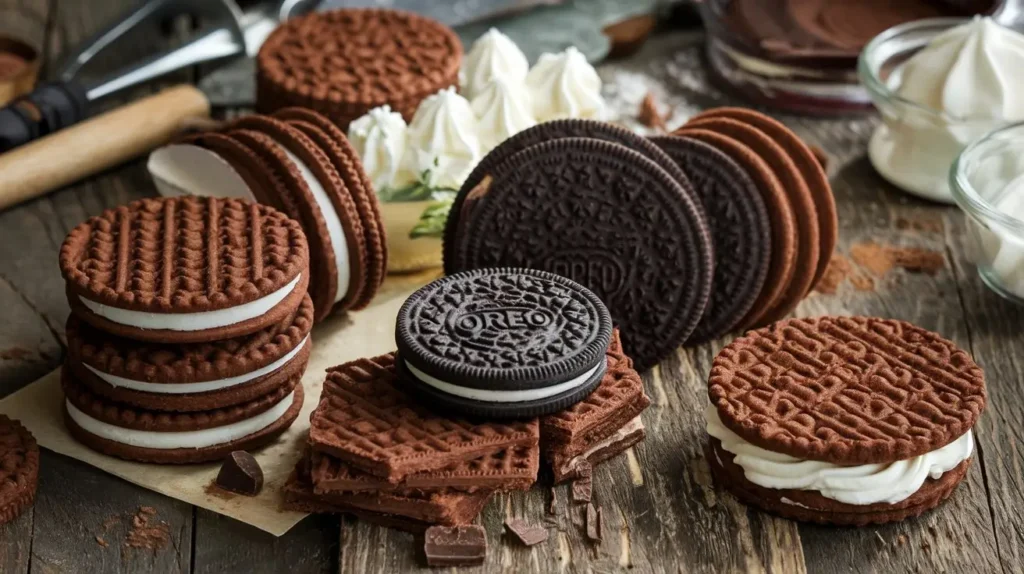 Creative substitutes for Nabisco Famous Chocolate Wafers displayed with baking tools and ingredients.