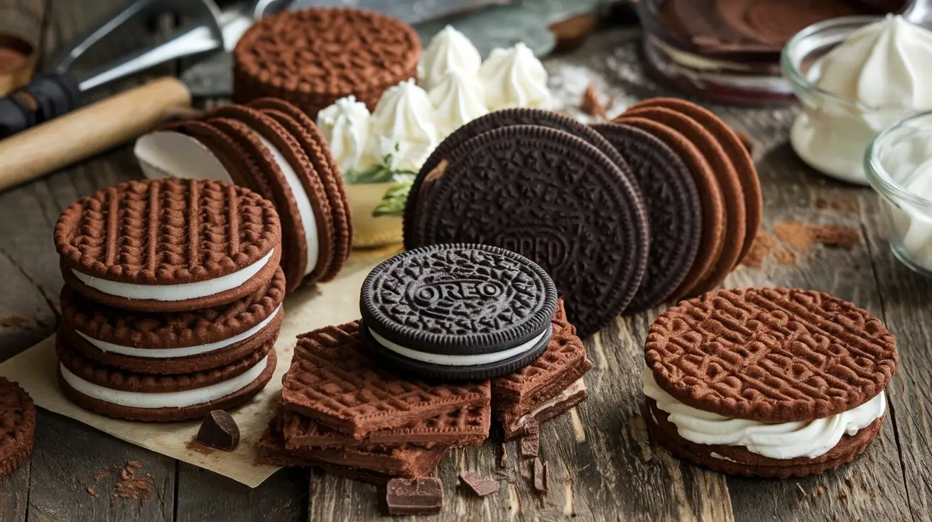 Creative substitutes for Nabisco Famous Chocolate Wafers displayed with baking tools and ingredients.